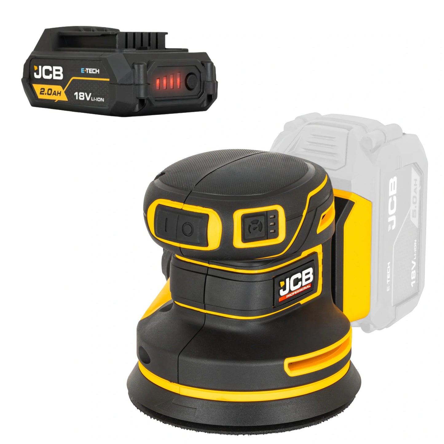 szlifierka mimośrodowa akumulatorowa JCB Professional 18V żółto-czarna z akumulatorem E-Tech 2.0Ah ujęcie z prawej strony