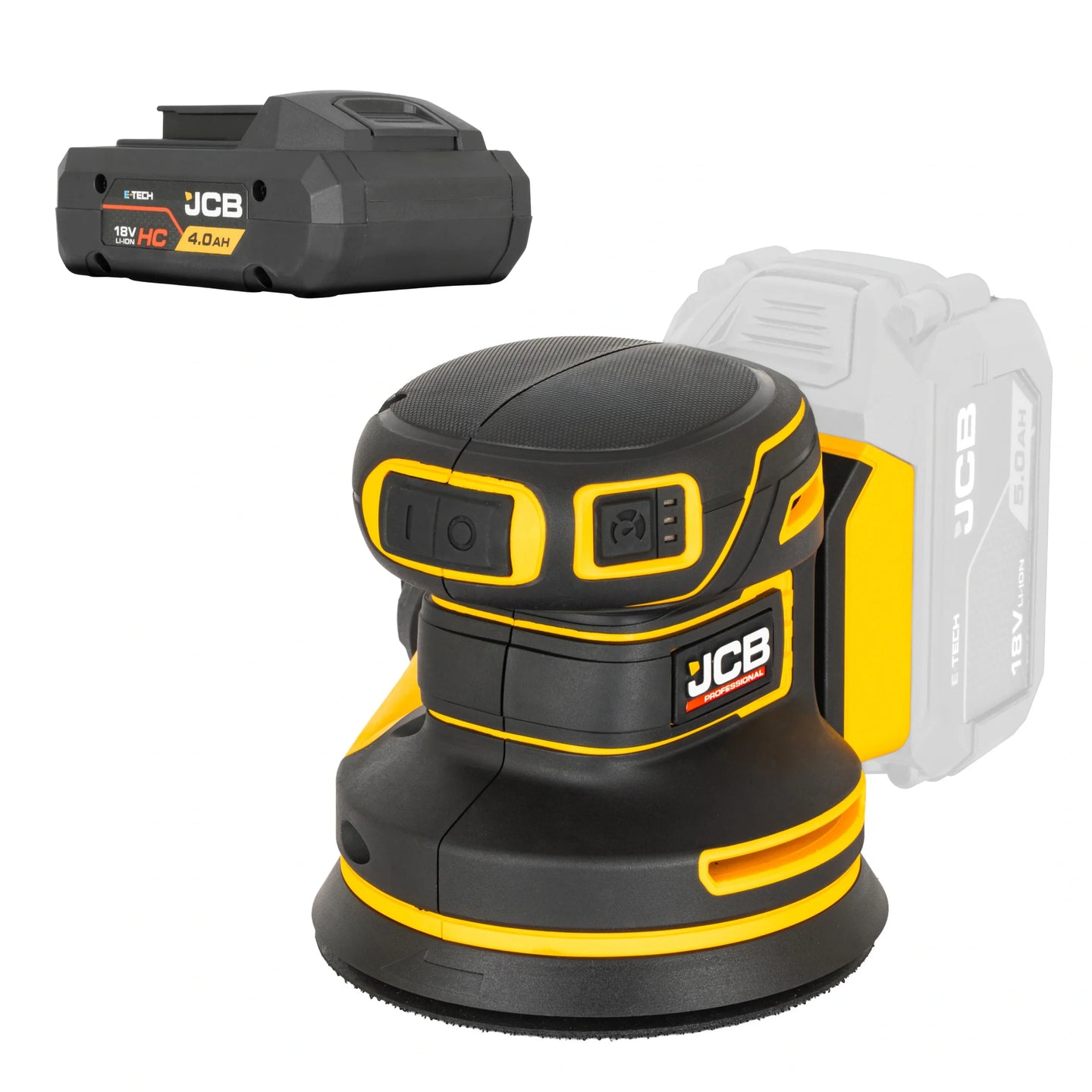 szlifierka mimośrodowa akumulatorowa JCB Professional 18V żółto-czarna z akumulatorem E-Tech HC 4.0Ah ujęcie z prawej strony