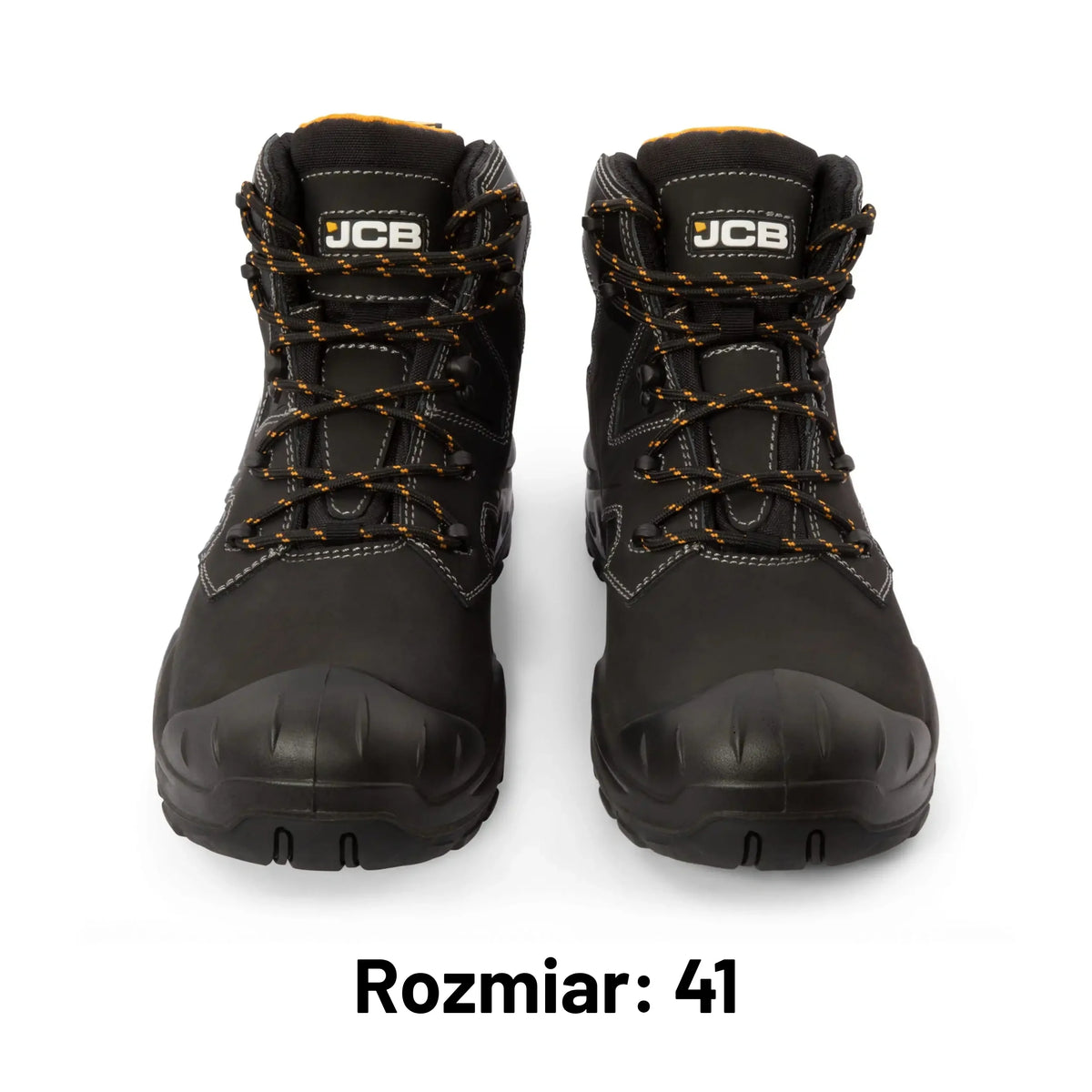 Para butów roboczych JCB Backhoe 2 S3L czarnych z logo JCB, widok z przodu, etykieta Rozmiar 41