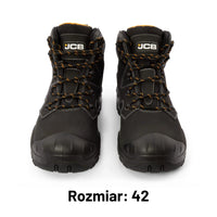 Para butów roboczych JCB Backhoe 2 S3L czarnych z logo JCB, widok z przodu, etykieta Rozmiar 42