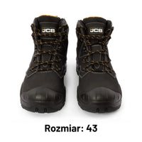Para butów roboczych JCB Backhoe 2 S3L czarnych z logo JCB, widok z przodu, etykieta Rozmiar 43