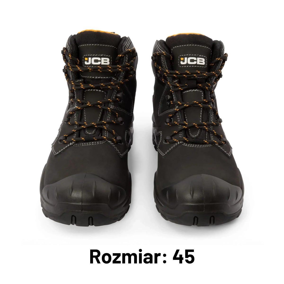 Para butów roboczych JCB Backhoe 2 S3L czarnych z logo JCB, widok z przodu, etykieta Rozmiar 45