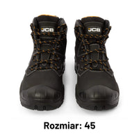 Para butów roboczych JCB Backhoe 2 S3L czarnych z logo JCB, widok z przodu, etykieta Rozmiar 45