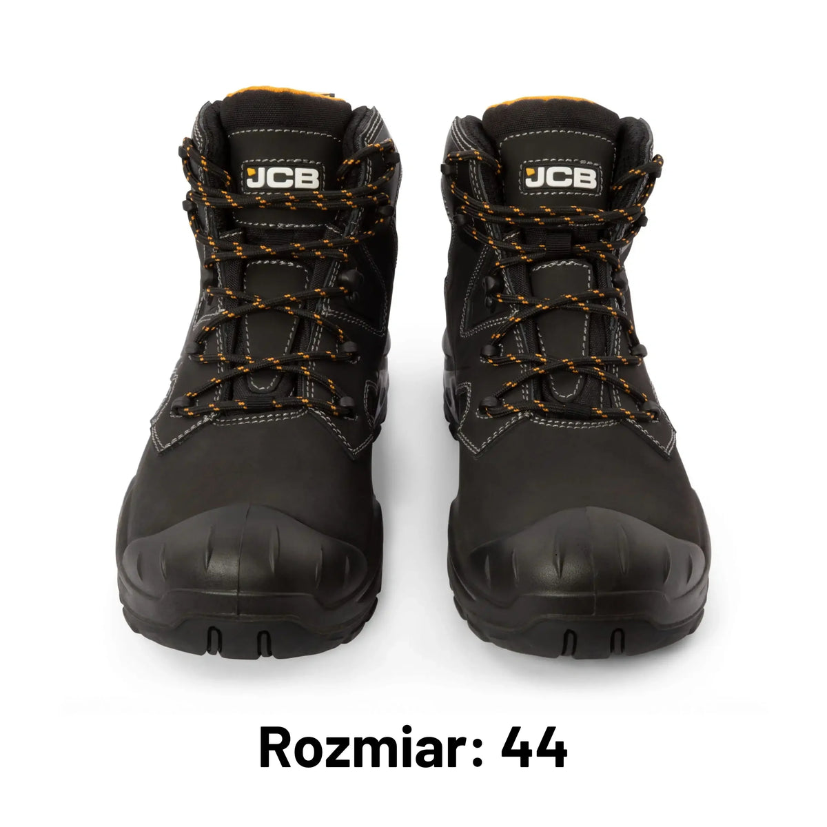 Para butów roboczych JCB Backhoe 2 S3L czarnych z logo JCB, widok z przodu, etykieta Rozmiar 44