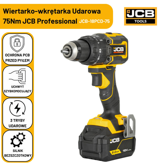 JCB Professional wiertarko-wkrętarka akumulatorowa 18V 75Nm zestaw 2x 2,0Ah ładowarka walizka