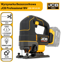 Baner wyrzynarki JCB 18V tekst bezszczotkowy silnik głębokość cięcia 135 mm cztery stopnie wahadła i oświetlenie LED