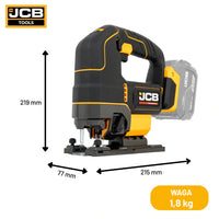 Wyrzynarka JCB 18V etykieta wymiary wysokość 219 mm szerokość 77 mm długość 215 mm waga netto 1,9 kg