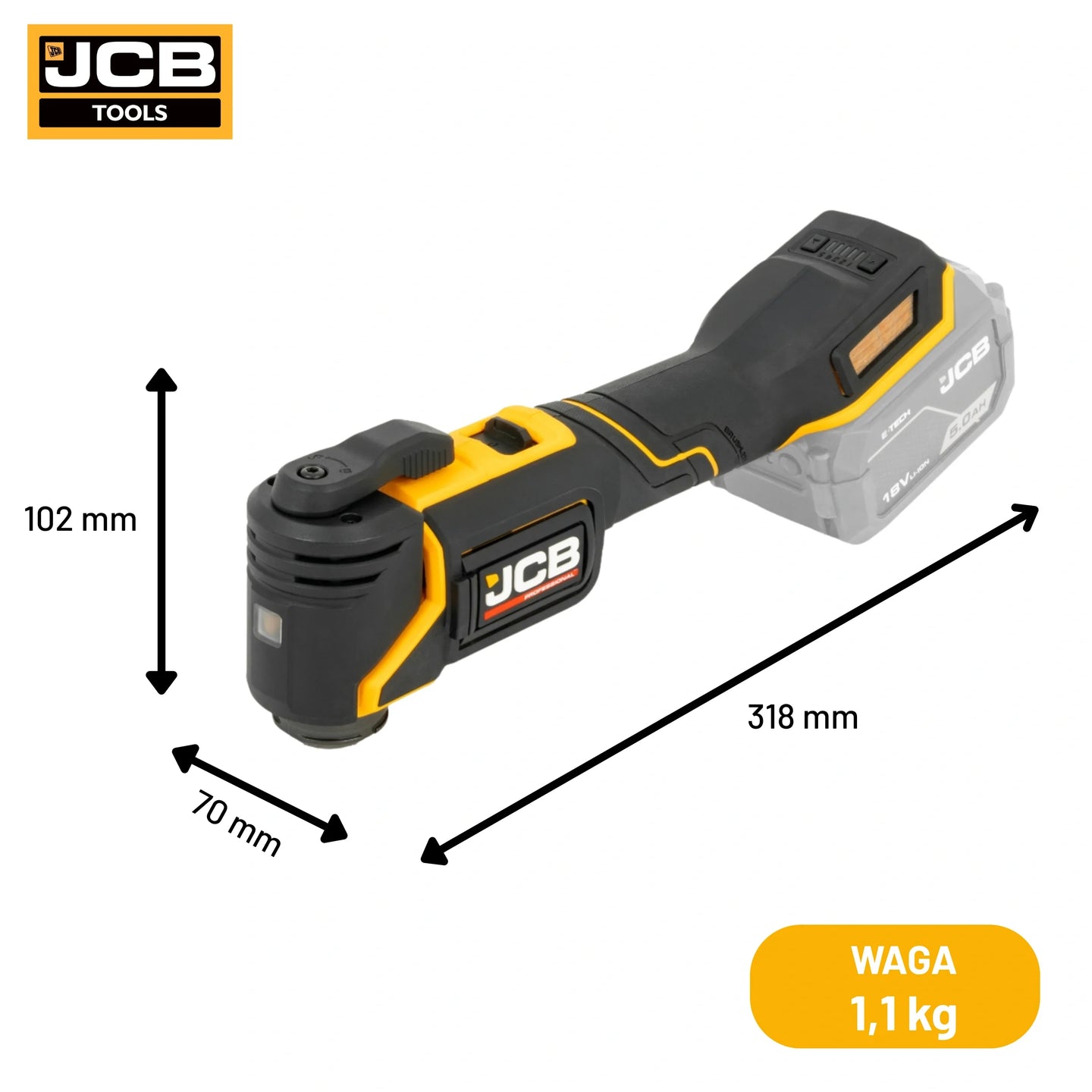 Multinarzędzie JCB 18V z oznaczonymi wymiarami 318 mm 102 mm 70 mm i wagą netto 1,1 kg
