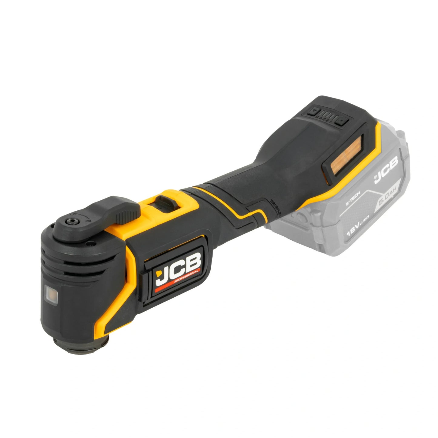 Multitool JCB 18V ujęcie pod skosem widoczna głowica wentylacja i zamontowany akumulator
