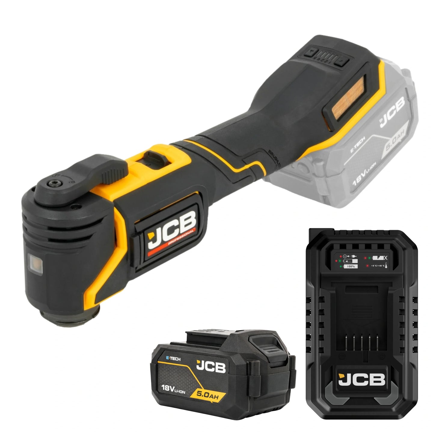 Multinarzędzie JCB 18V ujęcie pod skosem oraz osobno akumulator 5.0Ah i szybka ładowarka
