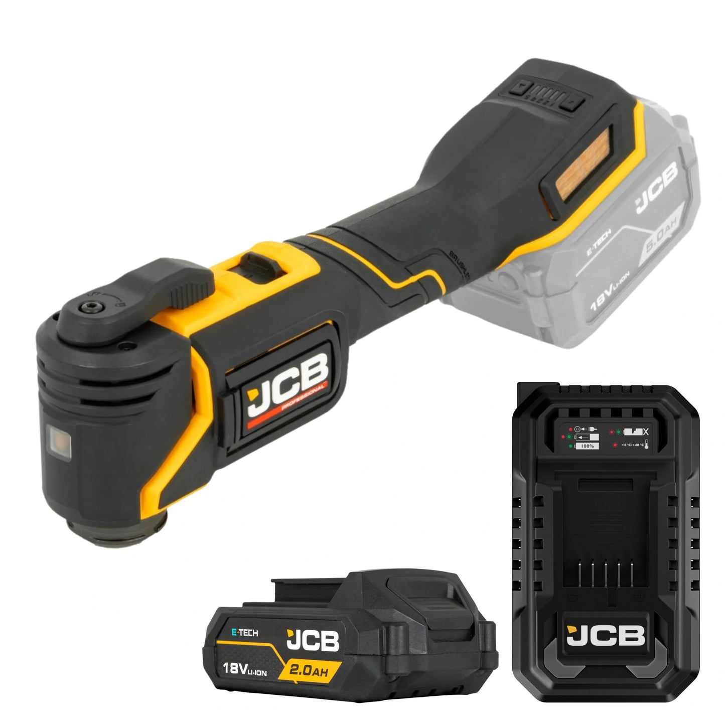 Multinarzędzie JCB 18V ujęcie z przodu pod skosem oraz osobno akumulator 2.0Ah i ładowarka 4,5A JCB 
