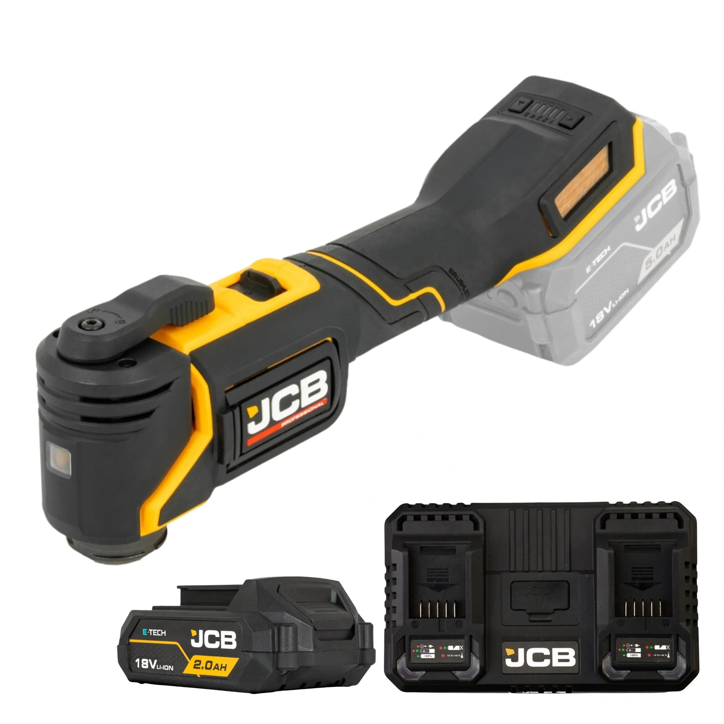 Multinarzędzie JCB 18V ujęcie pod skosem oraz osobno akumulator 2.0Ah i podwójna szybka ładowarka