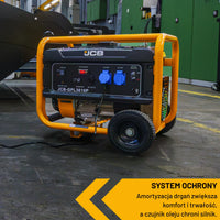 Generator prądotwórczy JCB GPL3610P 3,6 kW w warsztacie przemysłowym z opisem system ochrony amortyzacja drgań czujnik oleju silnika