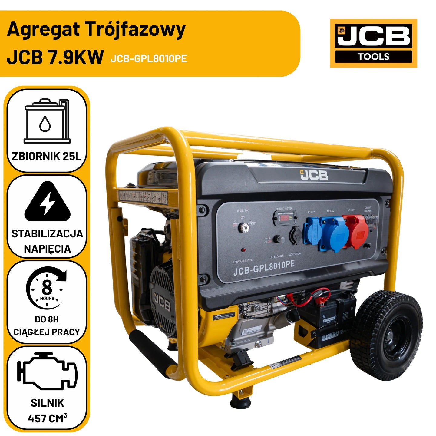 Agregat trójfazowy JCB GPL8010PE 7,9 kW zbiornik 25 l stabilizacja napięcia AVR do 8 godzin ciągłej pracy silnik 457 cm³ etykieta Agregat trójfazowy JCB 7.9KW