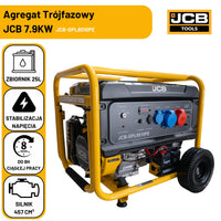 Agregat trójfazowy JCB GPL8010PE 7,9 kW zbiornik 25 l stabilizacja napięcia AVR do 8 godzin ciągłej pracy silnik 457 cm³ etykieta Agregat trójfazowy JCB 7.9KW