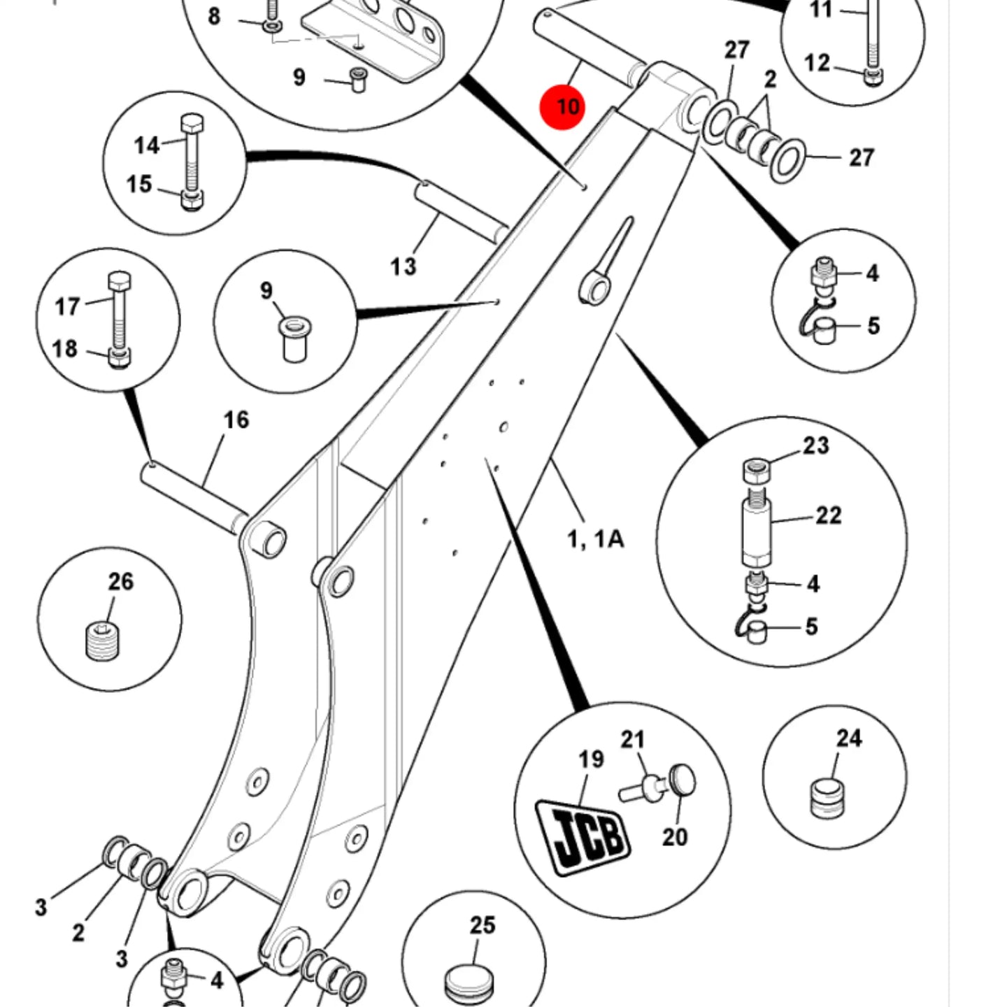 Sworzeń pin mocujący osprzetu element przegubu – oryginalna część JCB | Interhandler Warszawa