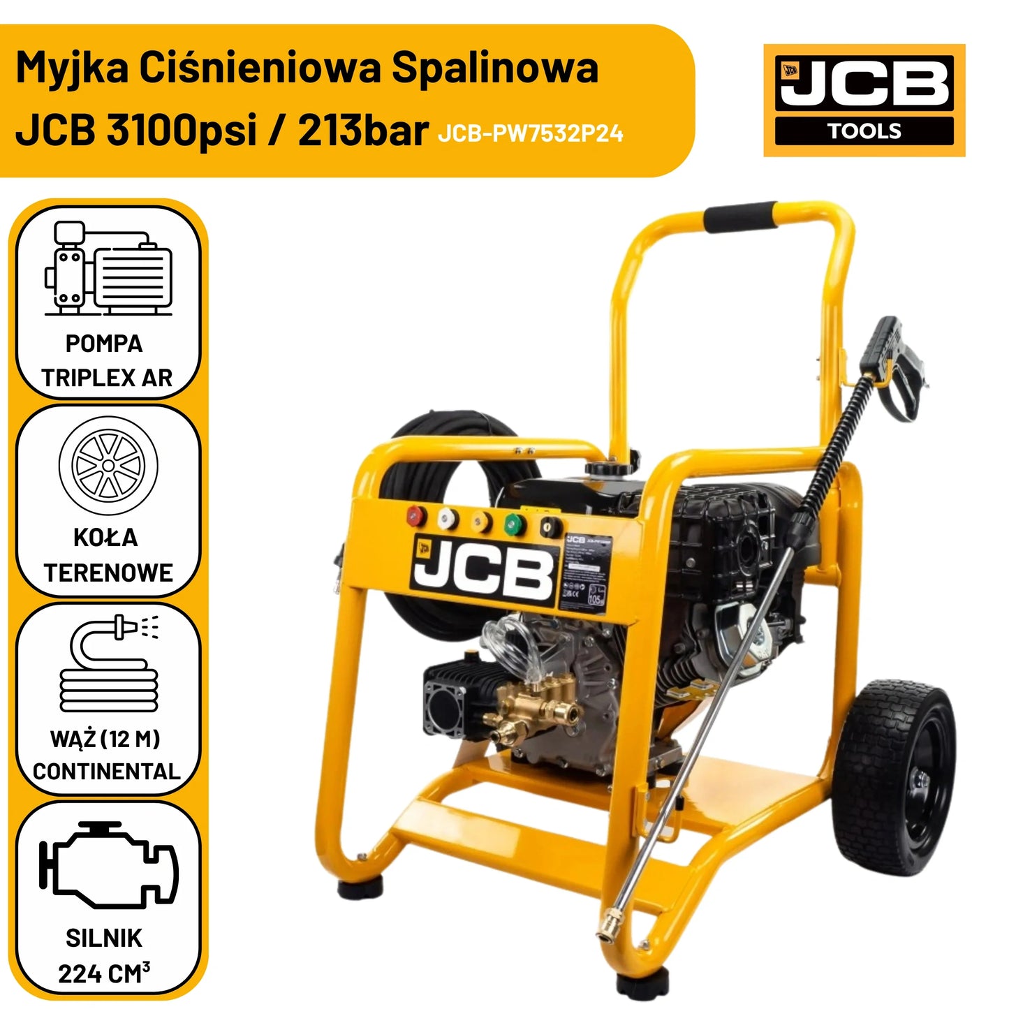 Infografika myjki ciśnieniowej JCB PW7532P24 z tekstem JCB 3100psi 213bar oraz ikonami pompa annovi reverberi koła terenowe wąż 12m i silnik 224 cm3