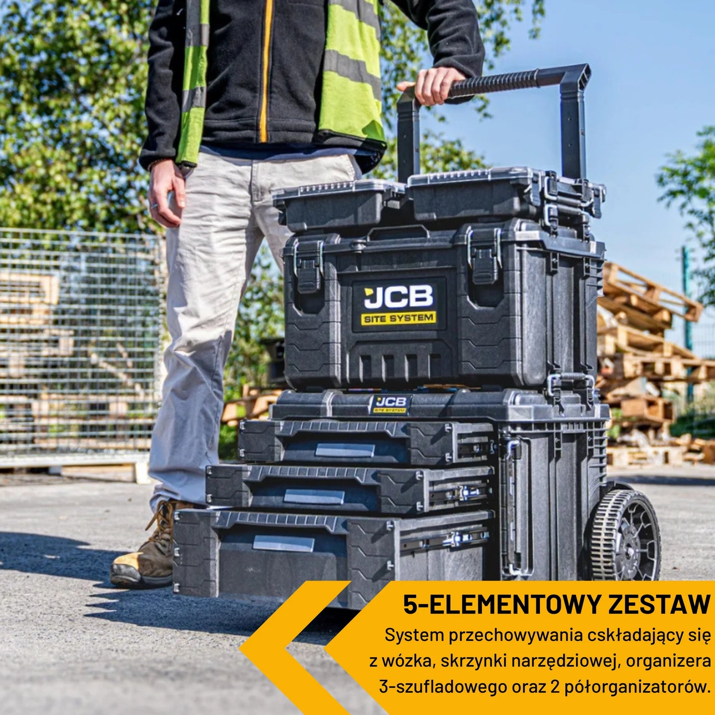 Zestaw JCB Site System z wózkiem i modułami tekst pięcioelementowy system przechowywania z szufladami i organizerami