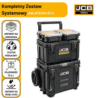 Zestaw skrzyń JCB Site System z piktogramami udaroodporny polipropylen pojemność 72,4 l i ochrona IP65