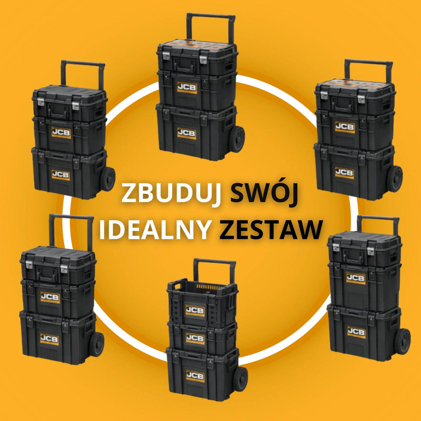 Ikonografika różnych konfiguracji skrzyń JCB Site System tekst zbuduj swój idealny zestaw
