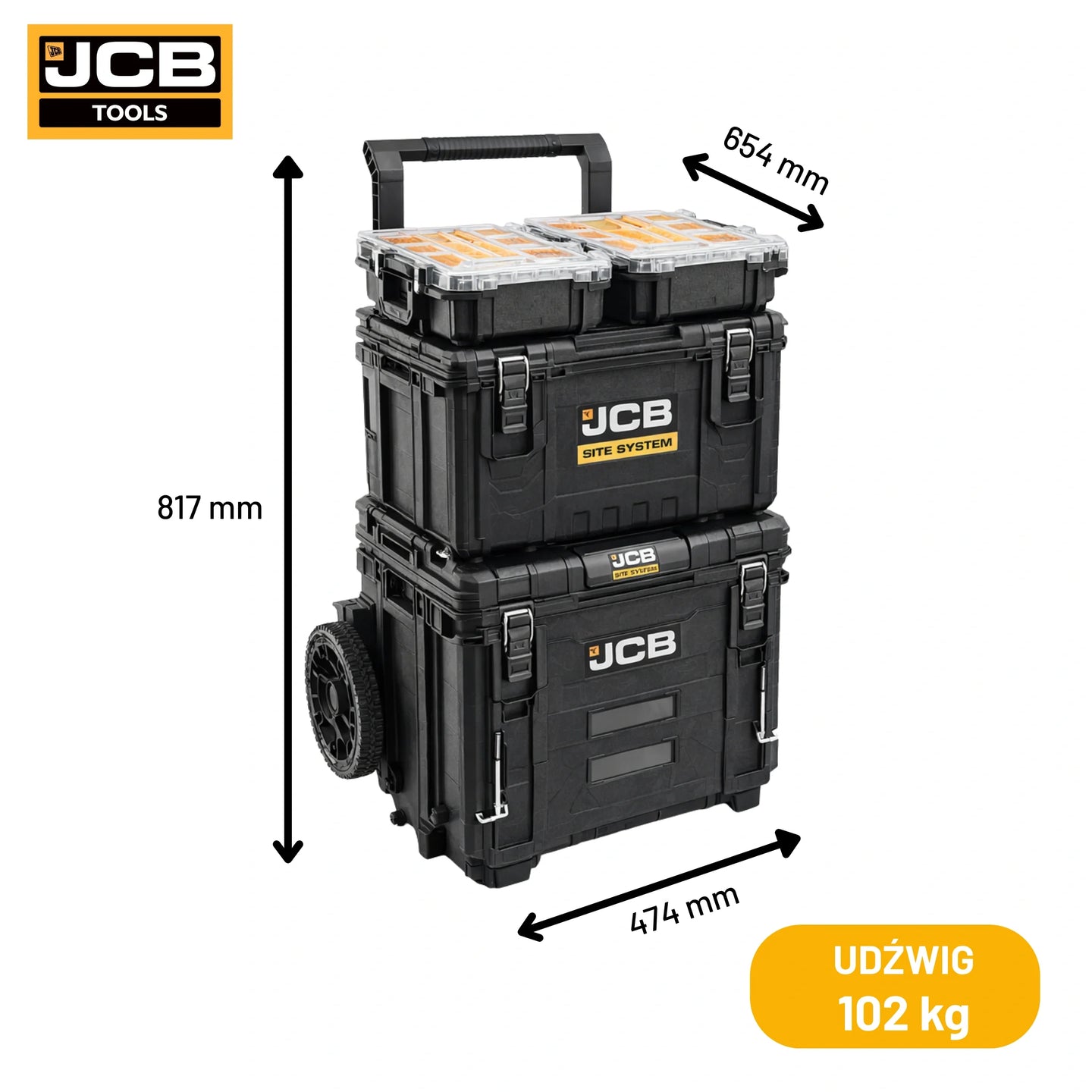 Zestaw skrzyń JCB Site System z wymiarami 817 mm 654 mm 474 mm i oznaczeniem udźwigu 102 kg