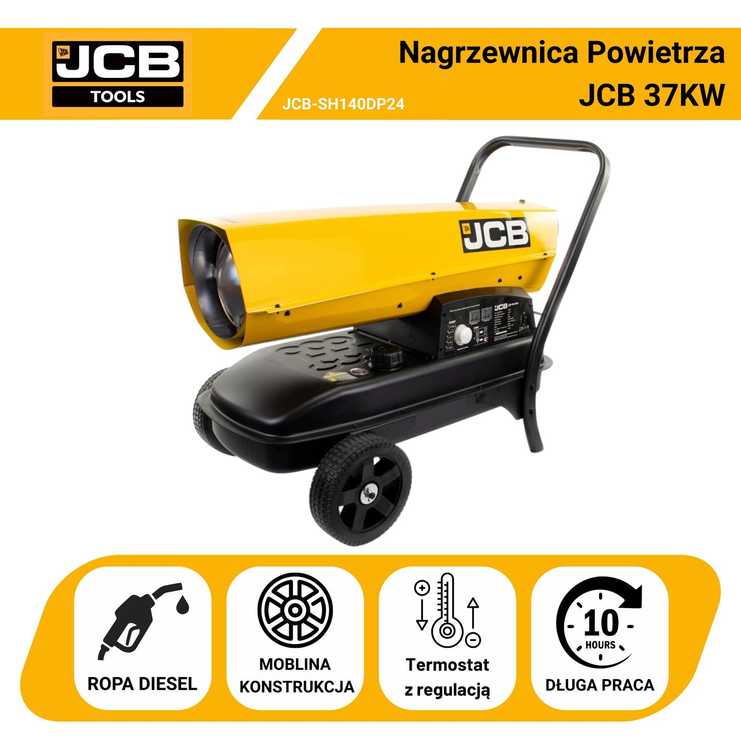 Nagrzewnica olejowa na olej napędowy JCB 37 kW – do hali i warsztatu z termostatem