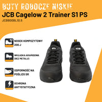 Infografika półbutów roboczych JCB Cagelow 2 S1PS z ikonami nosek kompozytowy 200J, wkładka aramidowa bez metalu, odporność na poślizg SR, ochrona antystatyczna