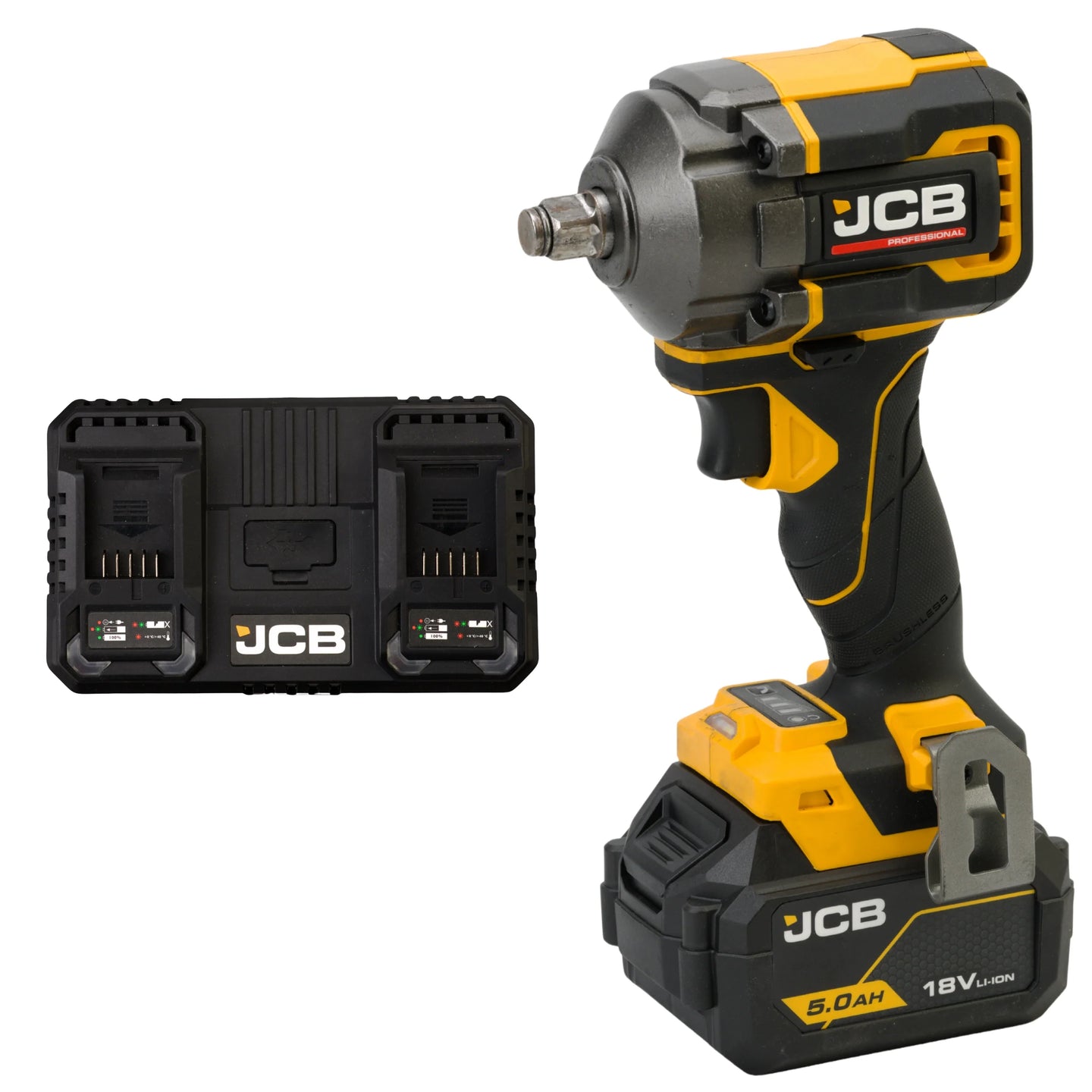 klucz udarowy akumulatorowy JCB Professional 18V żółto-czarny z akumulatorem 5.0Ah i podwójną ładowarką ujęcie z lewej strony
