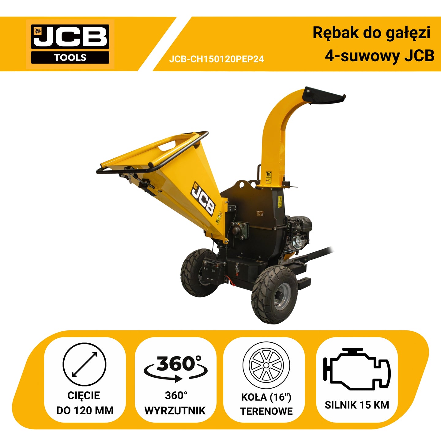 Rębak spalinowy do gałęzi JCB 15 KM 120 mm – rozdrabniacz 4-suwowy do drewna
