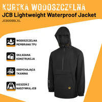 Infografika kurtki JCB008BL z ikonami wodoszczelna membrana TPU, składana konstrukcja, oddychająca tkanina, kieszeń z naszywką JCB