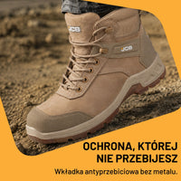 Buty robocze JCB Fastrac S7S piaskowe na piasku, tekst Ochrona której nie przebijesz
