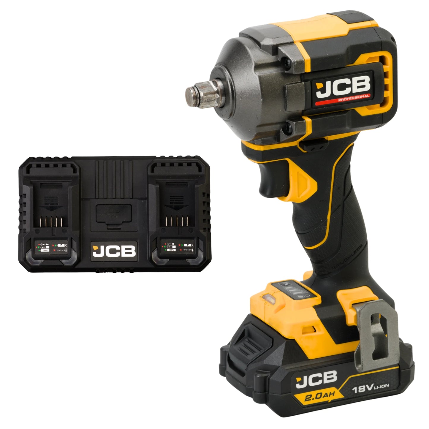 klucz udarowy akumulatorowy JCB Professional 18V żółto-czarny z akumulatorem 2.0Ah i podwójną ładowarką ujęcie z lewej strony