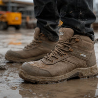 Buty robocze JCB Fastrac S7S piaskowe podczas pracy w mokrym terenie z błotem