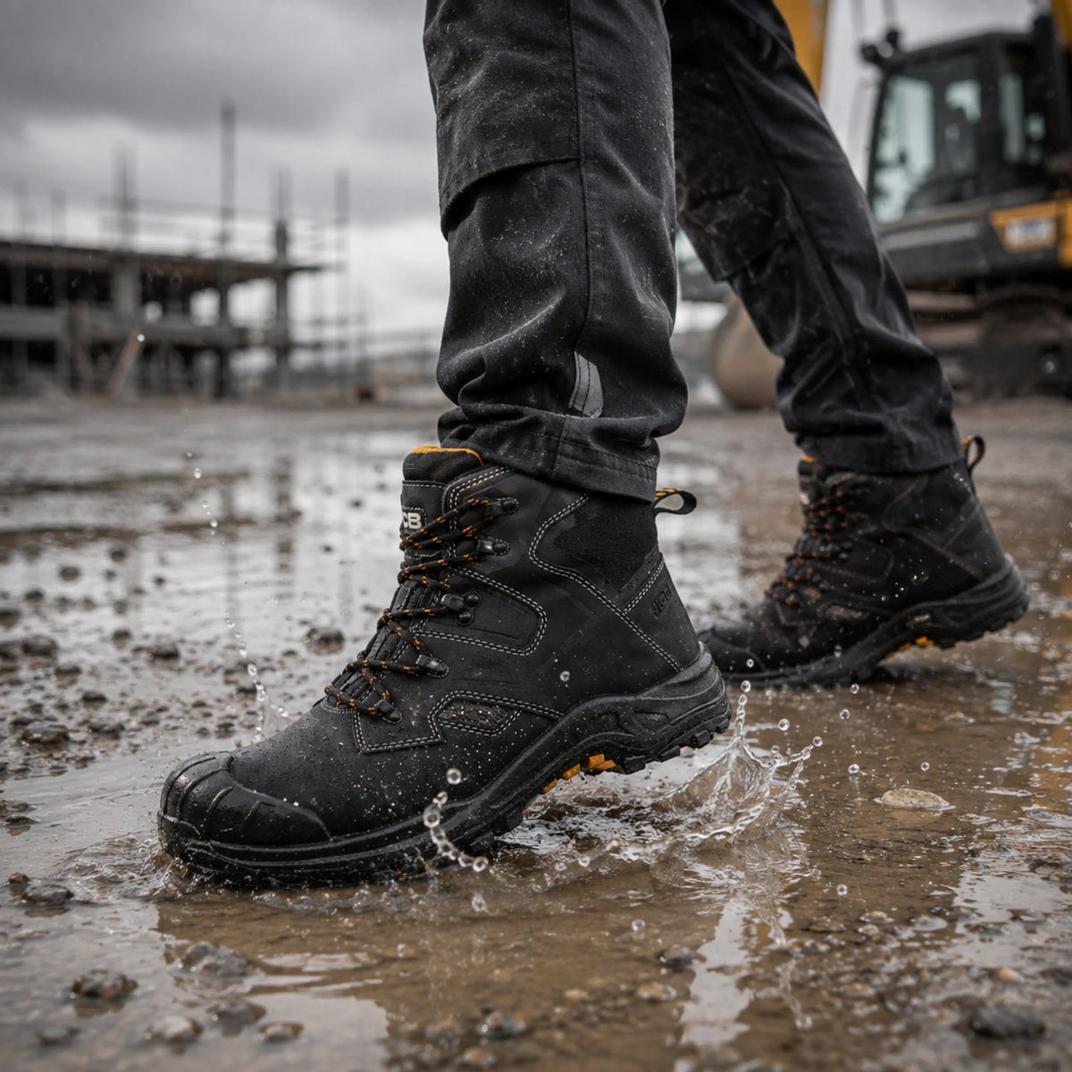 Buty robocze JCB Backhoe 2 S3L czarne w kałuży wody na placu budowy