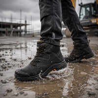Buty robocze JCB Backhoe 2 S3L czarne w kałuży wody na placu budowy