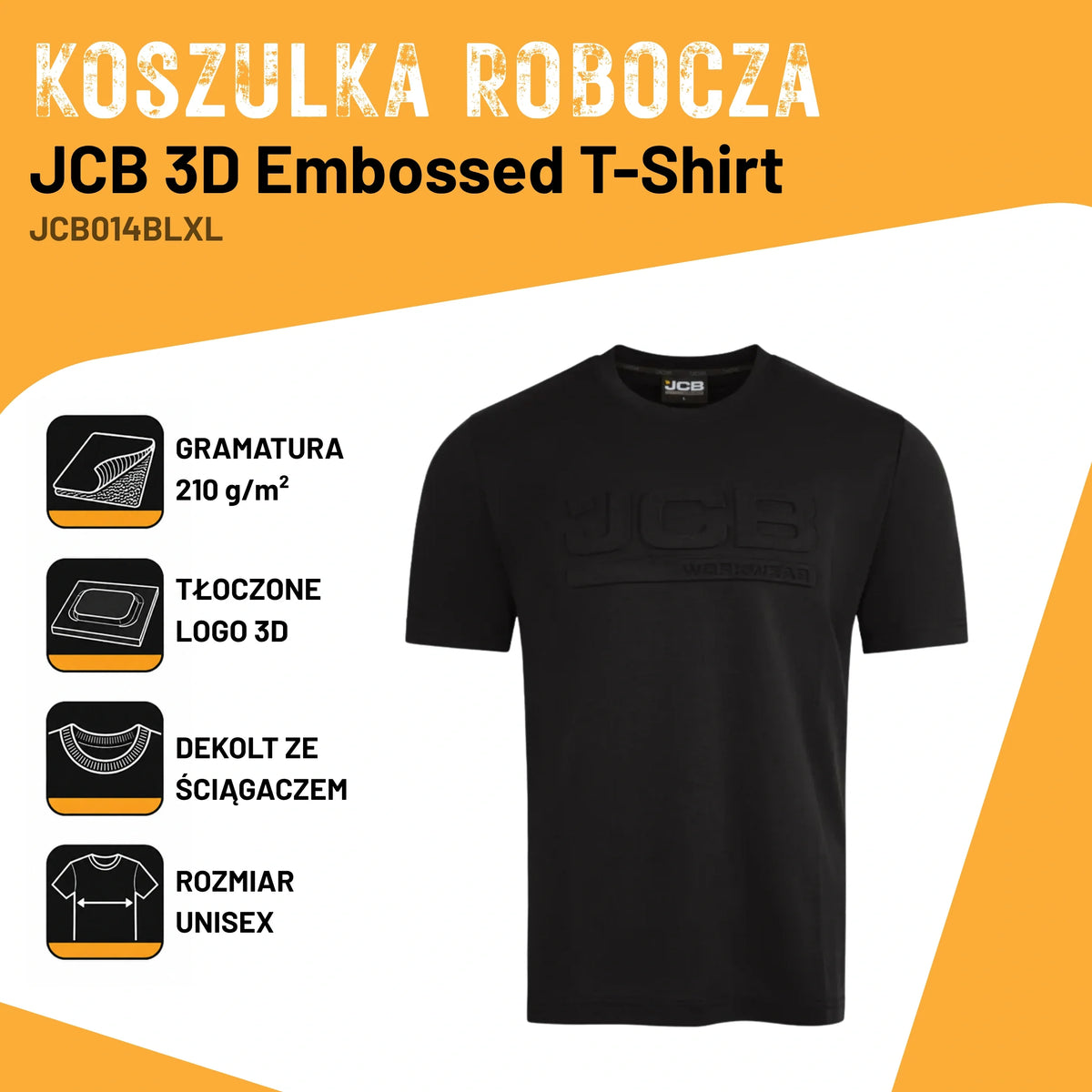Infografika koszulki JCB 3D Embossed T-shirt z ikonami gramatura 210g/m2, tłoczone logo 3D, dekolt ze ściągaczem, rozmiar unisex