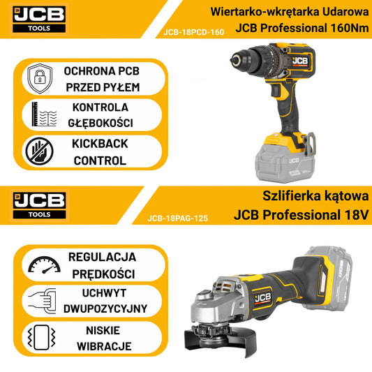 JCB Professional zestaw szlifierka 125mm + wiertarko-wkrętarka 160Nm 18V 4,0Ah + 2x 5,0Ah podwójna ładowarka torba