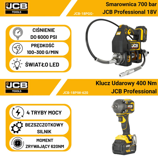 JCB Professional zestaw klucz udarowy 620 Nm smarownica 700 bar 18V 2 Ah 2x 5 Ah ładowarka torba