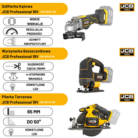 JCB Professional zestaw elektronarzędzi 5 w 1 wiertarko-wkrętarka 160Nm + zakrętarka 230Nm + pilarka 185mm + szlifierka 125mm + wyrzynarka 18V 2x 2,0Ah + 2x 5,0Ah ładowarka + torba site system
