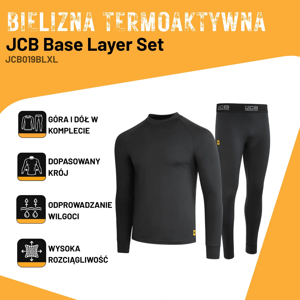Infografika kompletu bielizny termoaktywnej JCB z ikonami góra i dół w komplecie, dopasowany krój, odprowadzanie wilgoci, wysoka rozciągliwość