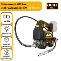 Ikonografika smarownicy akumulatorowej JCB 18PGG-VS z oznaczeniami moc 18V światło LED ciśnienie do 6000 PSI prędkość 100-300 g/min