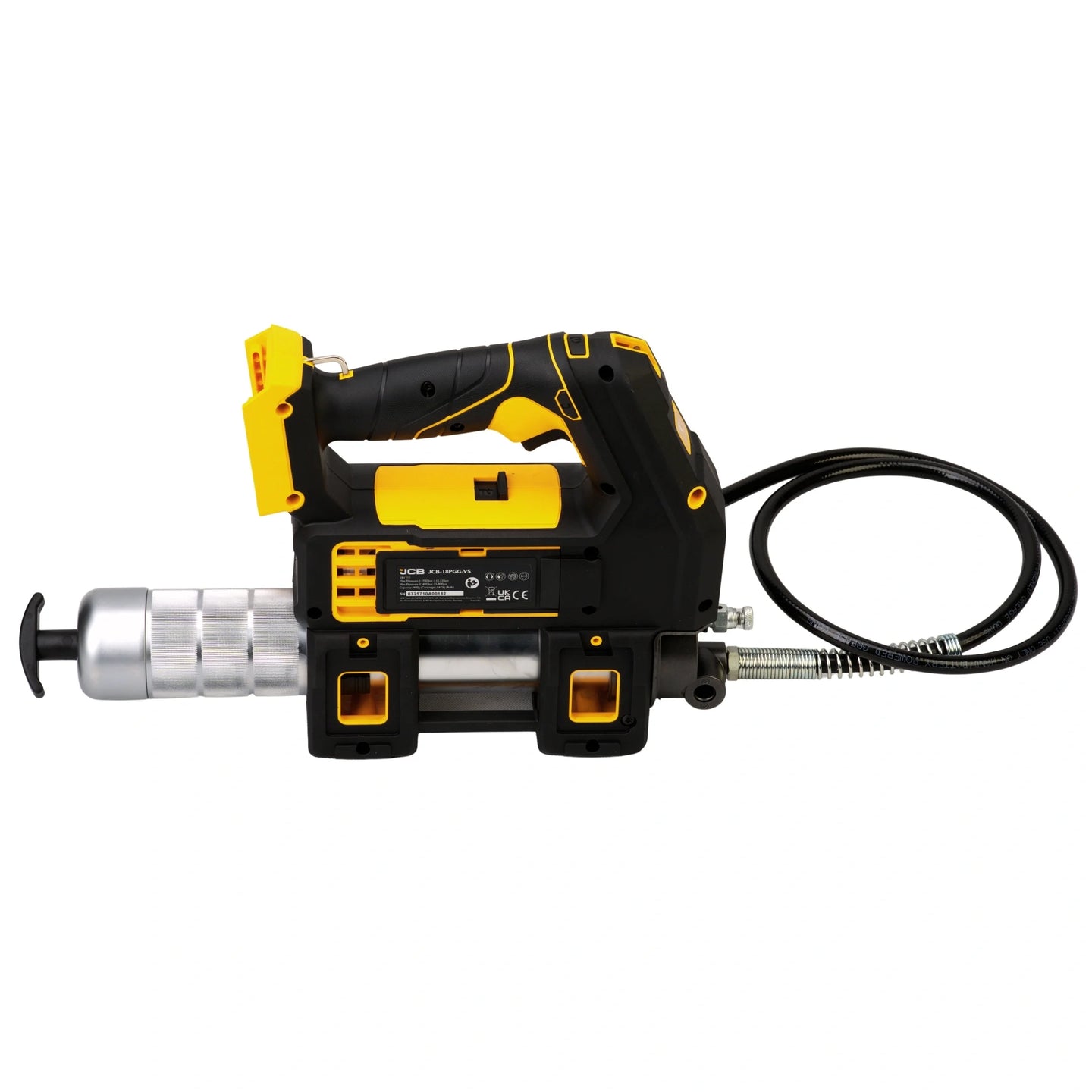 Smarownica akumulatorowa JCB 18PGG-VS czarno-żółta ujęcie z prawego boku z widocznym cylindrem i wężem