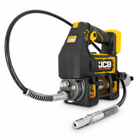 Smarownica akumulatorowa JCB 18PGG-VS czarno-żółta z elastycznym wężem i końcówką smarującą ujęcie z przodu pod kątem