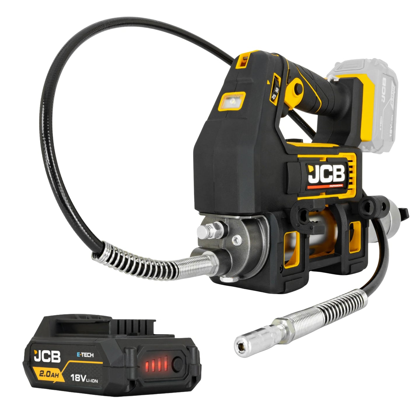 Smarownica akumulatorowa JCB 18PGG-VS z elastycznym wężem końcówką smarującą i akumulatorem JCB 2.0Ah