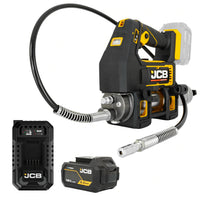 Smarownica akumulatorowa JCB 18PGG-VS z elastycznym wężem końcówką smarującą ładowarką i akumulatorem JCB 5.0Ah
