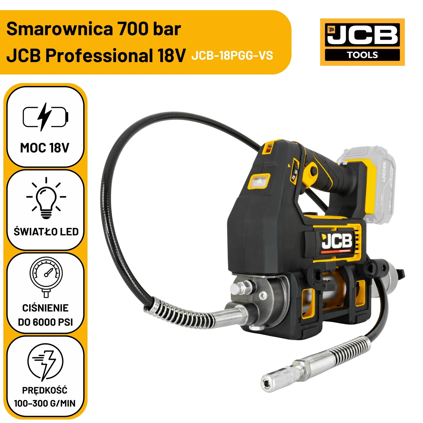 Ikonografika smarownicy akumulatorowej JCB 18PGG-zestaw-1 700 bar z oznaczeniami moc 18V światło LED ciśnienie do 6000 PSI prędkość 100-300 g/min