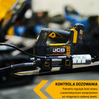 Smarownica akumulatorowa JCB 18PGG-zestaw-1 na elemencie maszyny kontrola dozowania pokrętło reguluje ilość smaru
