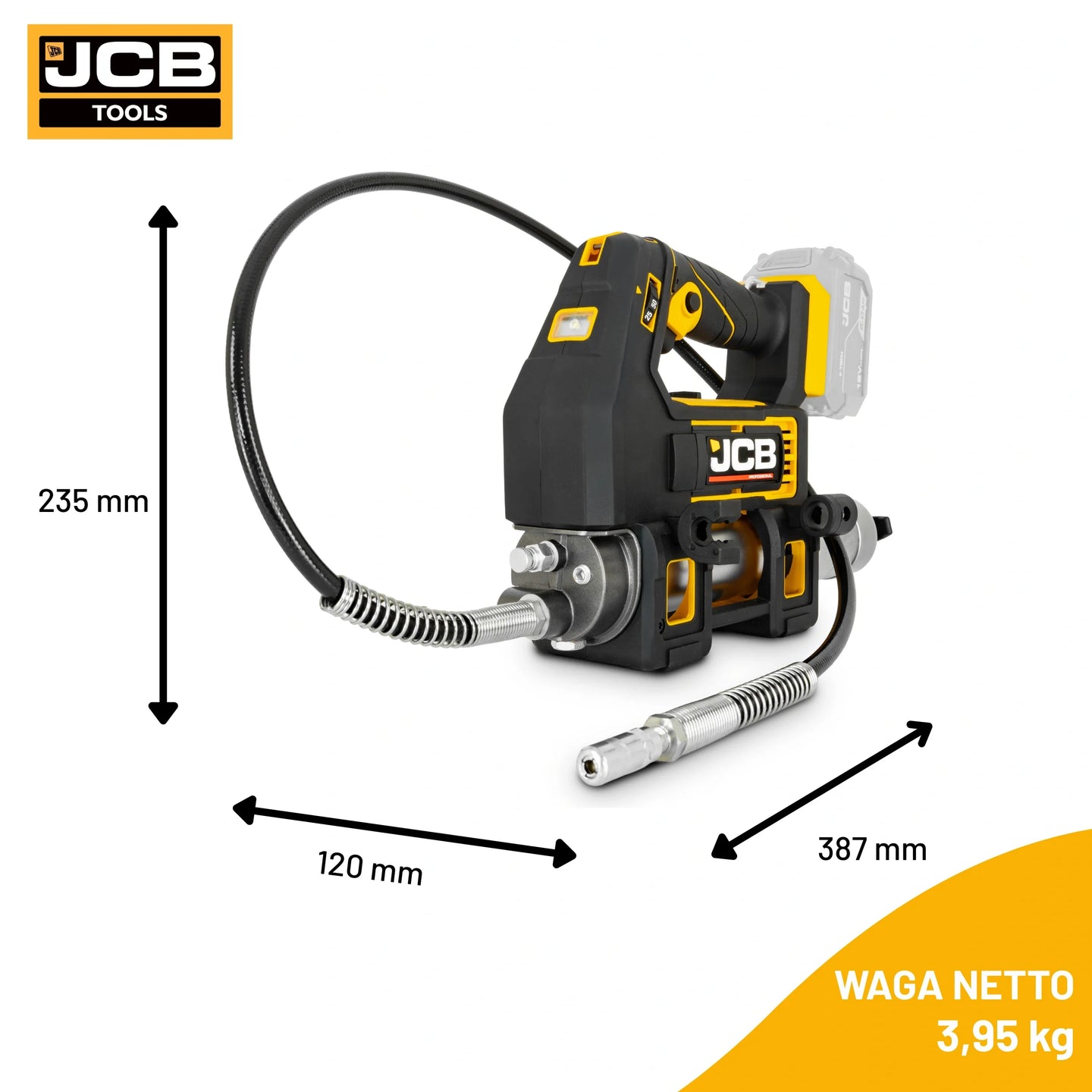 Smarownica akumulatorowa JCB 18PGG-zestaw-1 z wymiarami 235×120×387 mm waga netto 3,95 kg