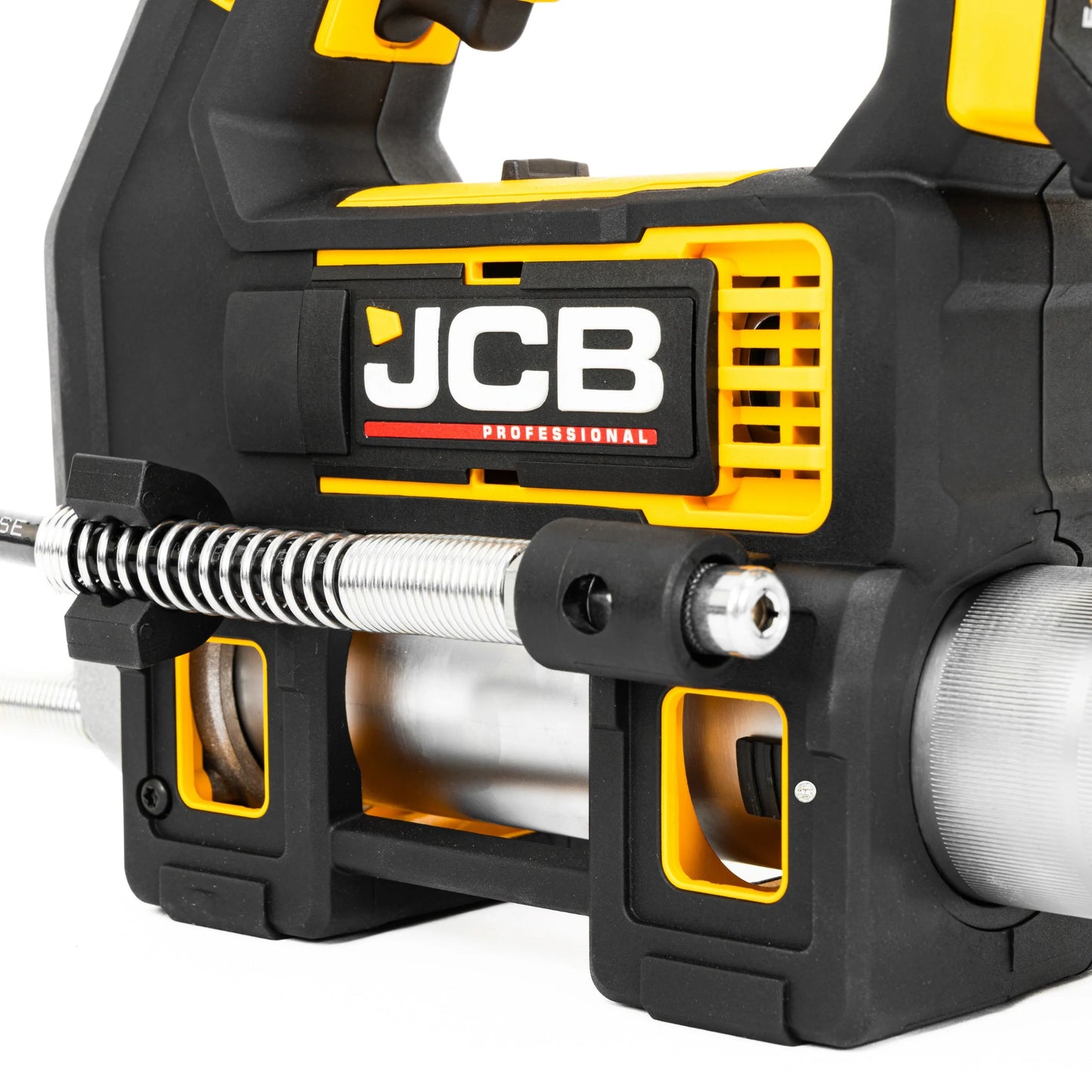 Zbliżenie na korpus smarownicy JCB Professional z zestawu JCB-18PKIT-5 logo JCB wąż i cylinder tłoka smaru
