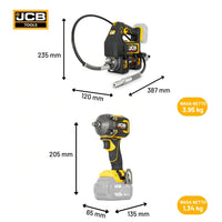 Wymiary zestawu JCB-18PKIT-5 smarownica 235×120×387 mm klucz udarowy 350Nm 205×65×135 mm